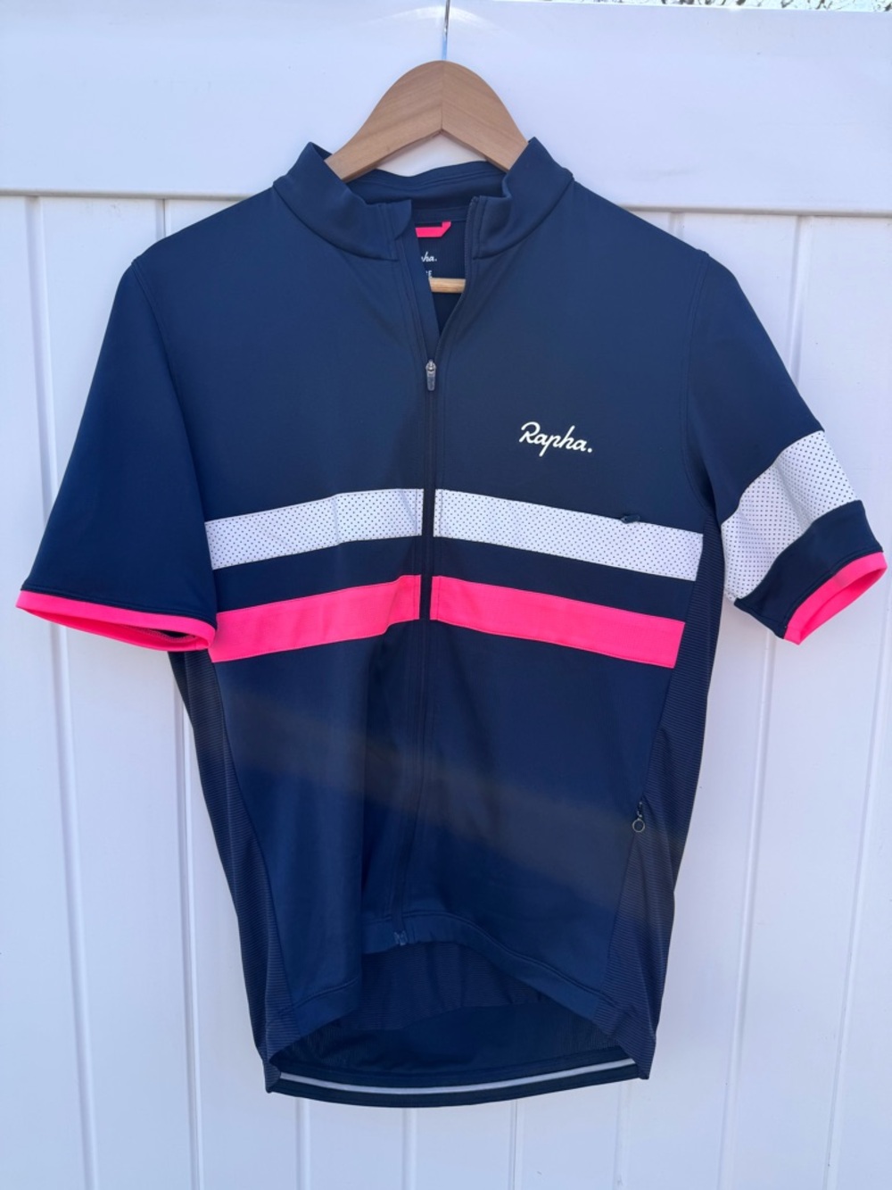Rapha Black Cycling Jersey with White Perforated Stripe and Pink Tab
